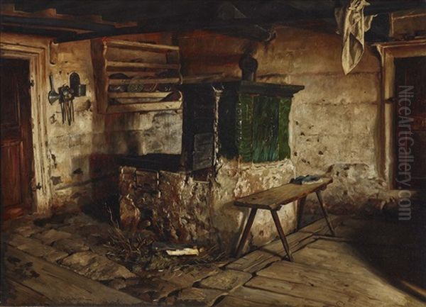 Interior Of A Farmers Kitchen Oil Painting by Carl Kronberger