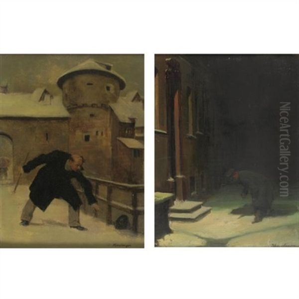 A Winter's Day And Night (pair) Oil Painting by Carl Kronberger