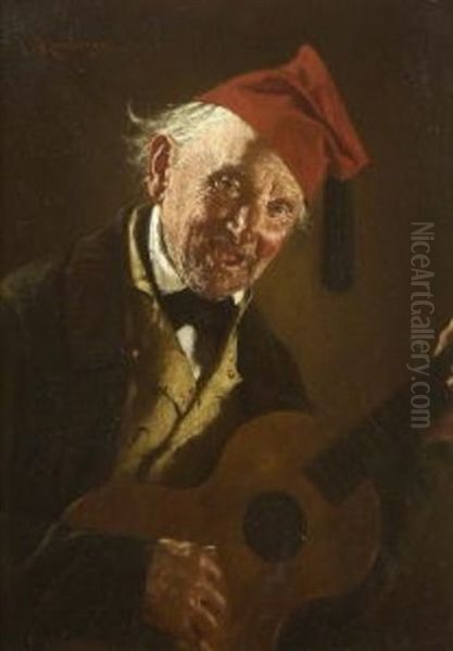 Alter Bauer Mit Gitarre Oil Painting by Carl Kronberger