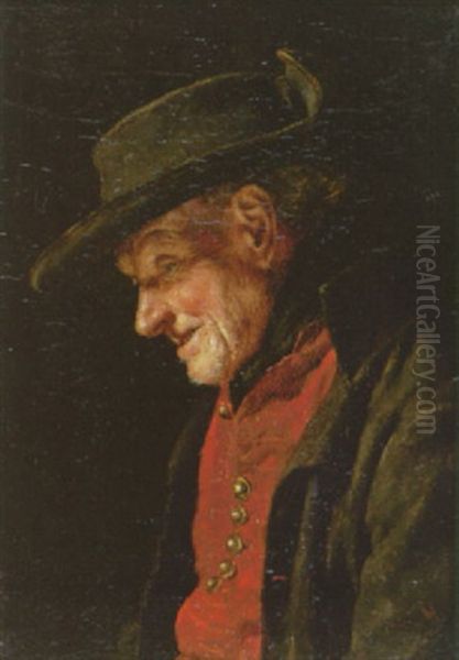 Alter Bauer Mit Roter Weste Und Filzhut Oil Painting by Carl Kronberger