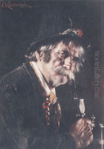 A Portrait Of An Old Man In A Black Felt Hat Smoking A Pipe Oil Painting by Carl Kronberger