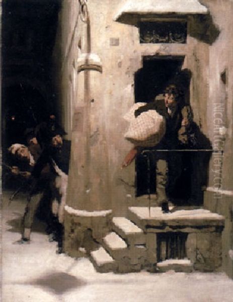 Ertappt - Ein Aus Dem Haus Kommender Dieb Wird Von Gendarmen Erawartet Oil Painting by Carl Kronberger