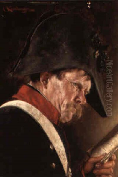 An Old Guard Reading A Paper Oil Painting by Carl Kronberger