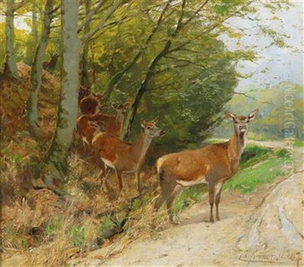 Pack Of Red Deer Crossing A Track Oil Painting by Christian (Johann Christian) Kroener