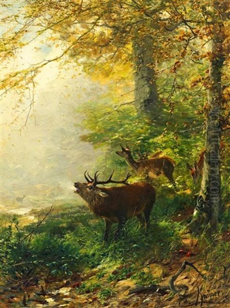 Herbstwald Mit Rotwild by Christian (Johann Christian) Kroener