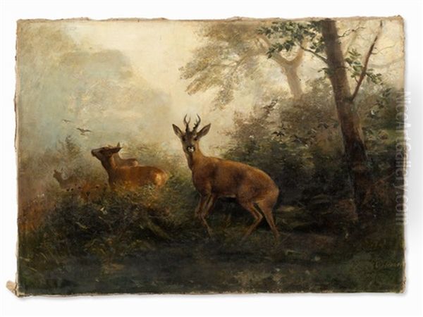 Forest Clearing With Deer Herd Oil Painting by Christian (Johann Christian) Kroener