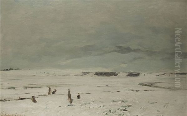 Hasen In Weiter Winterlandschaft Oil Painting by Christian (Johann Christian) Kroener