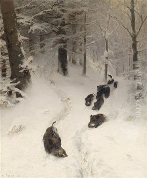 Wildschweinrotte Im Winterwald Oil Painting by Christian (Johann Christian) Kroener