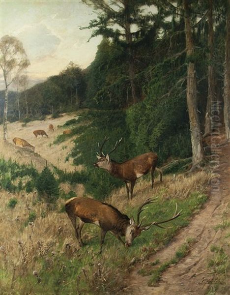 Deer In The Clearing Oil Painting by Christian (Johann Christian) Kroener