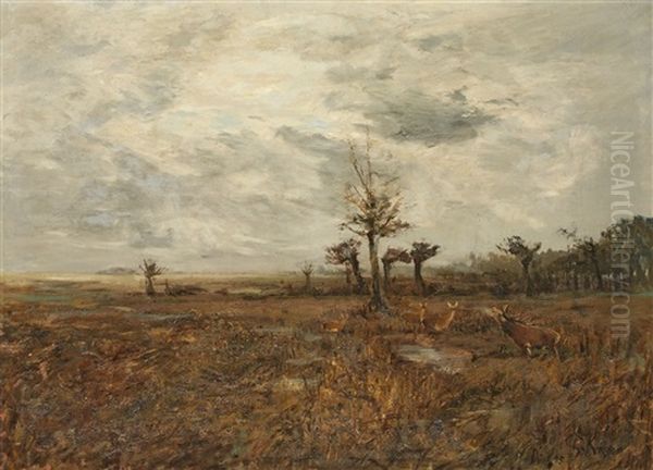 Herbstlandschaft Mit Rotwild Oil Painting by Christian (Johann Christian) Kroener