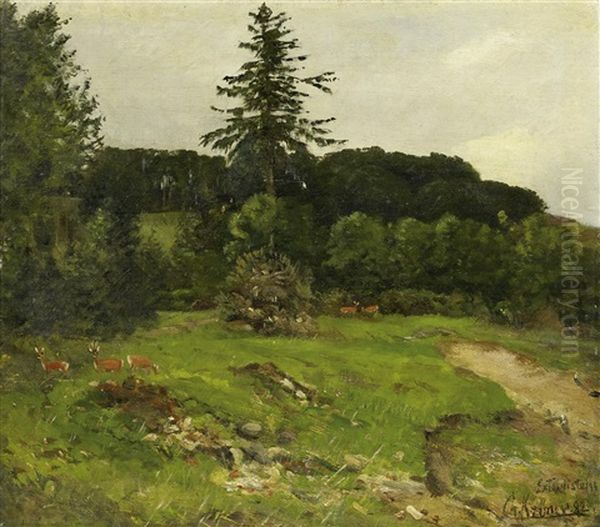 Waldlichtung Mit Rotwild Oil Painting by Christian (Johann Christian) Kroener