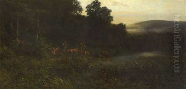 Rotwild Am Waldrand Oil Painting by Christian (Johann Christian) Kroener