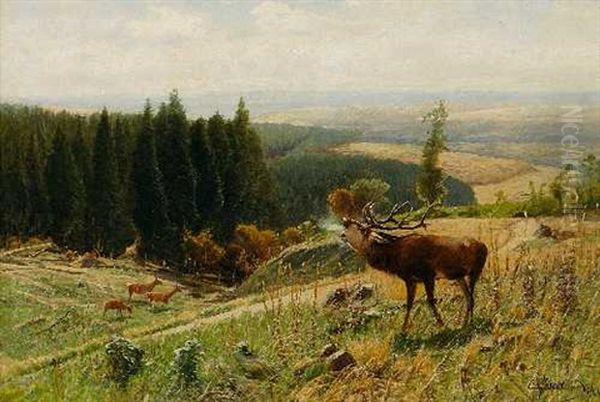 Rohrender Hirsch Oil Painting by Christian (Johann Christian) Kroener