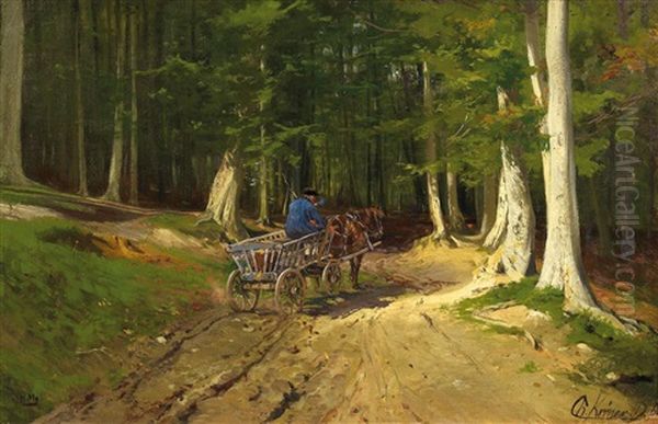 Bauer Mit Seinem Fuhrwerk Auf Dem Waldweg Oil Painting by Christian (Johann Christian) Kroener