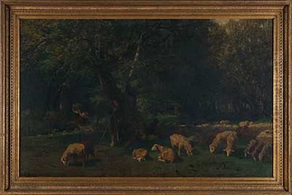 Schafer Mit Herde Im Schatten Des Waldes Oil Painting by Christian (Johann Christian) Kroener