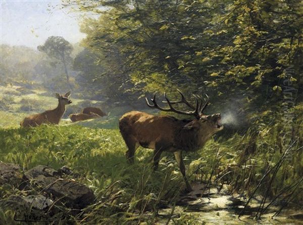 Sommerwald Mit Rotwild Oil Painting by Christian (Johann Christian) Kroener