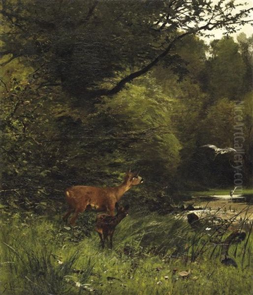 Am Waldbach. Ricke Mit Ihrem Kitz Beobachtet Zwei Reiher Im Wasser Oil Painting by Christian (Johann Christian) Kroener