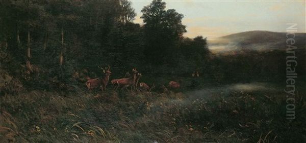 Es Taget Schon. Rotwild Am Waldrand Bei Sonnenaufgang. Oil Painting by Christian (Johann Christian) Kroener