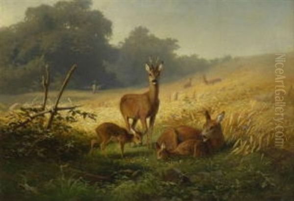 Rehe Am Feldrand Oil Painting by Christian (Johann Christian) Kroener