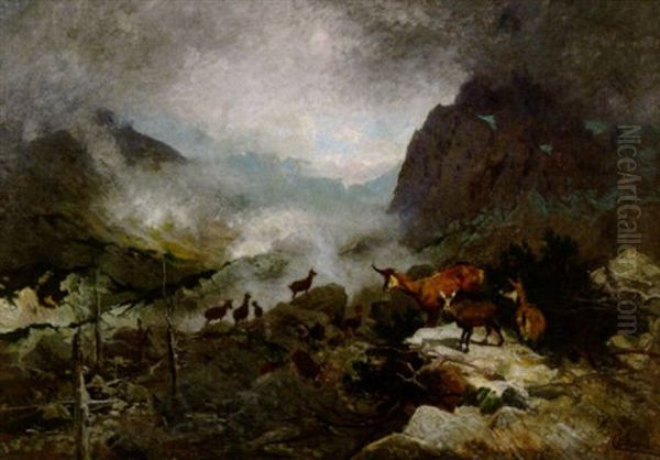 Gemsen Im Hochgebirge Oil Painting by Christian (Johann Christian) Kroener