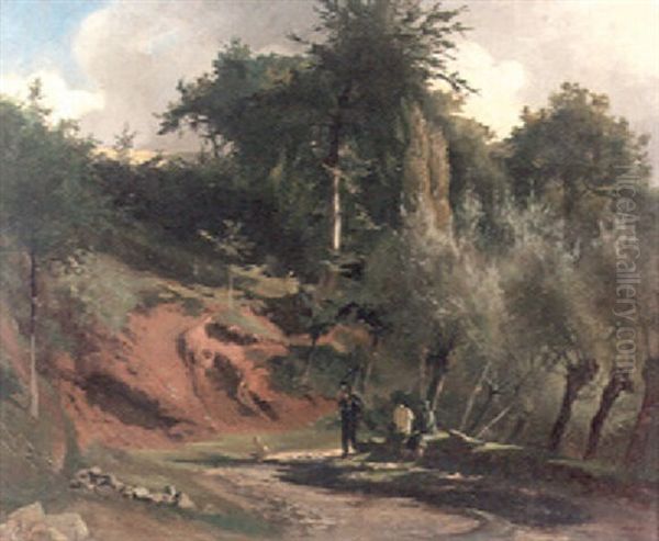 A Summer Landscape With Travellers And A Goat Resting By The Roadside Oil Painting by Christian (Johann Christian) Kroener