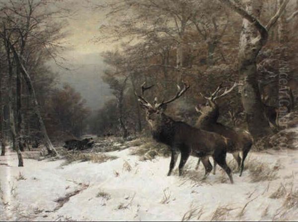 Deer And Wild Boar In A Wooded Winter Landscape Oil Painting by Christian (Johann Christian) Kroener