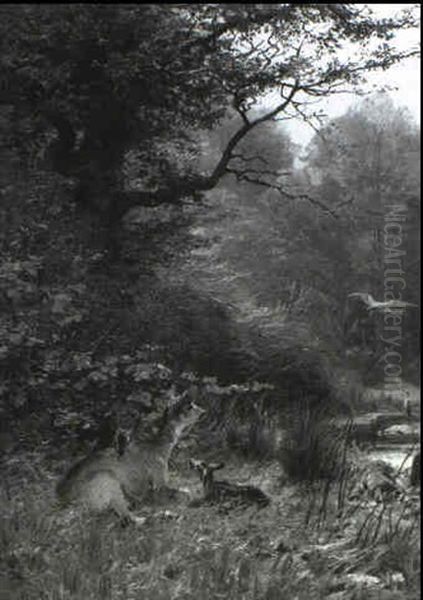 Doe And Fawns In Forest Oil Painting by Christian (Johann Christian) Kroener