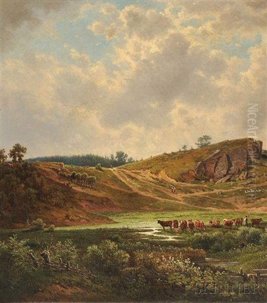 Landscape With Cattle Watering Oil Painting by Wenzel Kroupa