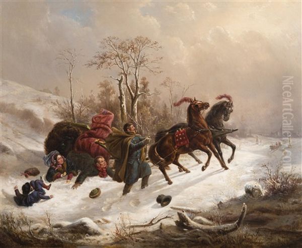 Mishap On A Sledge Oil Painting by Wenzel Kroupa