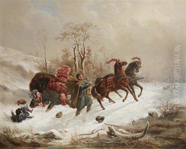 An Unsuccessful Sledge Ride Oil Painting by Wenzel Kroupa