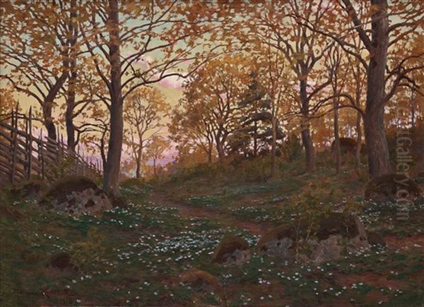 Spring Landscape At Dusk Oil Painting by Johan Fredrik Krouthen