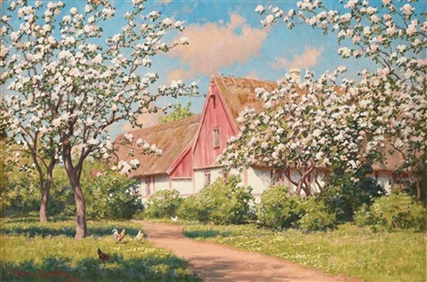 Farmstead Oil Painting by Johan Fredrik Krouthen