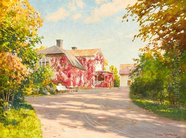 Gardsbild Med Vildvin Oil Painting by Johan Fredrik Krouthen