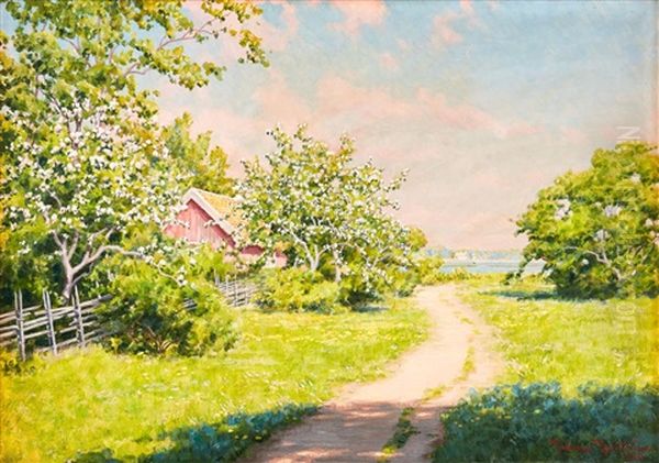 Sommarlandskap Med Blommande Frukttrad Oil Painting by Johan Fredrik Krouthen