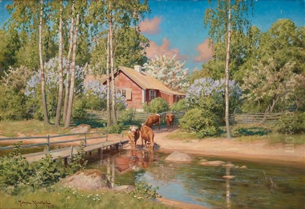 Summer Landscape With Cows Oil Painting by Johan Fredrik Krouthen