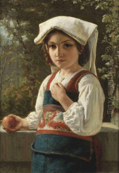 A Mediterranean Girl Holding An Apple Oil Painting by Fridolin Becker