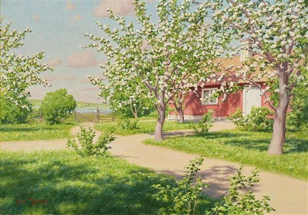 Blommande Appeltrad Med Rod Stuga Oil Painting by Johan Fredrik Krouthen