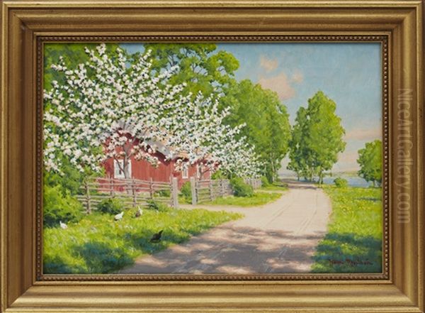 Sommarlandskap Med Pickande Hons Oil Painting by Johan Fredrik Krouthen