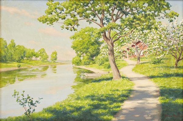 Sommargronska Vid An Oil Painting by Johan Fredrik Krouthen