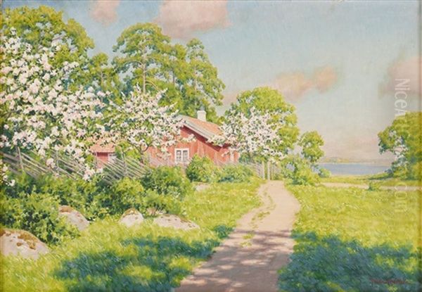 Forsommardag Med Blommande Frukttrad Vid Rod Stuga Oil Painting by Johan Fredrik Krouthen