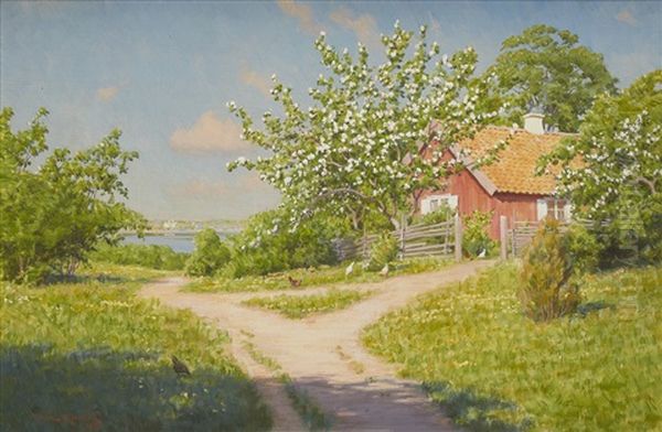 Landskap Med Blommande Appeltrad Oil Painting by Johan Fredrik Krouthen