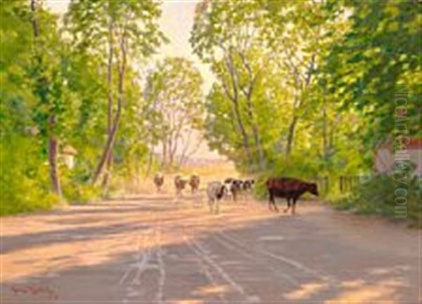 Cows Homeward Bound Late In The Afternoon On A Summer Day Oil Painting by Johan Fredrik Krouthen