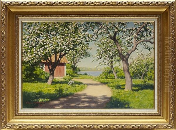 Landsvag Mellan Blommande Appeltrad Oil Painting by Johan Fredrik Krouthen