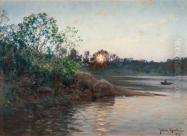 Sun Setting By The Lake Oil Painting by Johan Fredrik Krouthen