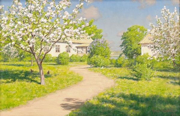 Gardsplan Med Blommande Korsbarstrad Oil Painting by Johan Fredrik Krouthen