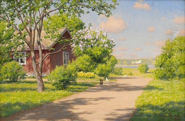 Pickande Hons I Sommaridyll Oil Painting by Johan Fredrik Krouthen