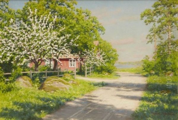 Landskap Med Blommande Appeltrad Langs Byvag Oil Painting by Johan Fredrik Krouthen