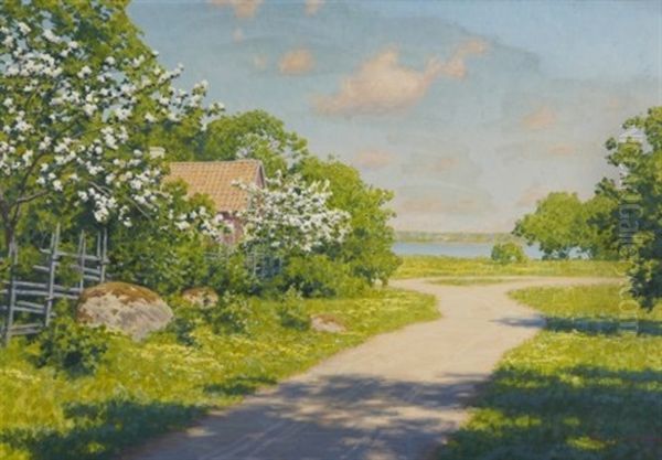 Sommargronska Vid Vattnet Oil Painting by Johan Fredrik Krouthen