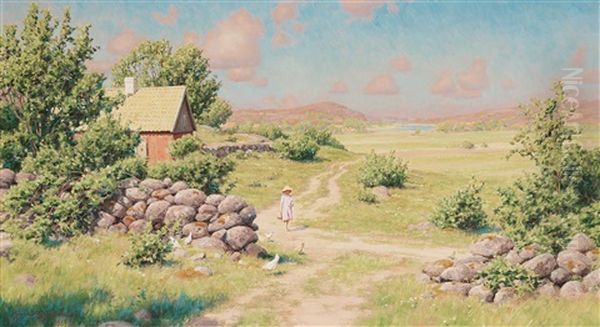 A Young Girl In Summer Landscape Oil Painting by Johan Fredrik Krouthen