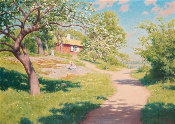 Landscape With Apple Trees And Playing Children Oil Painting by Johan Fredrik Krouthen